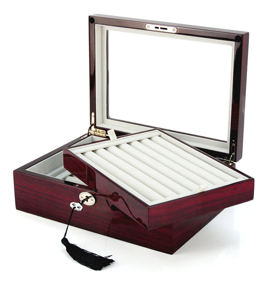 Deluxe Jewelry Cufflinks Collector's Storage Presentation Box Case Mahogany Double-Decker Gift