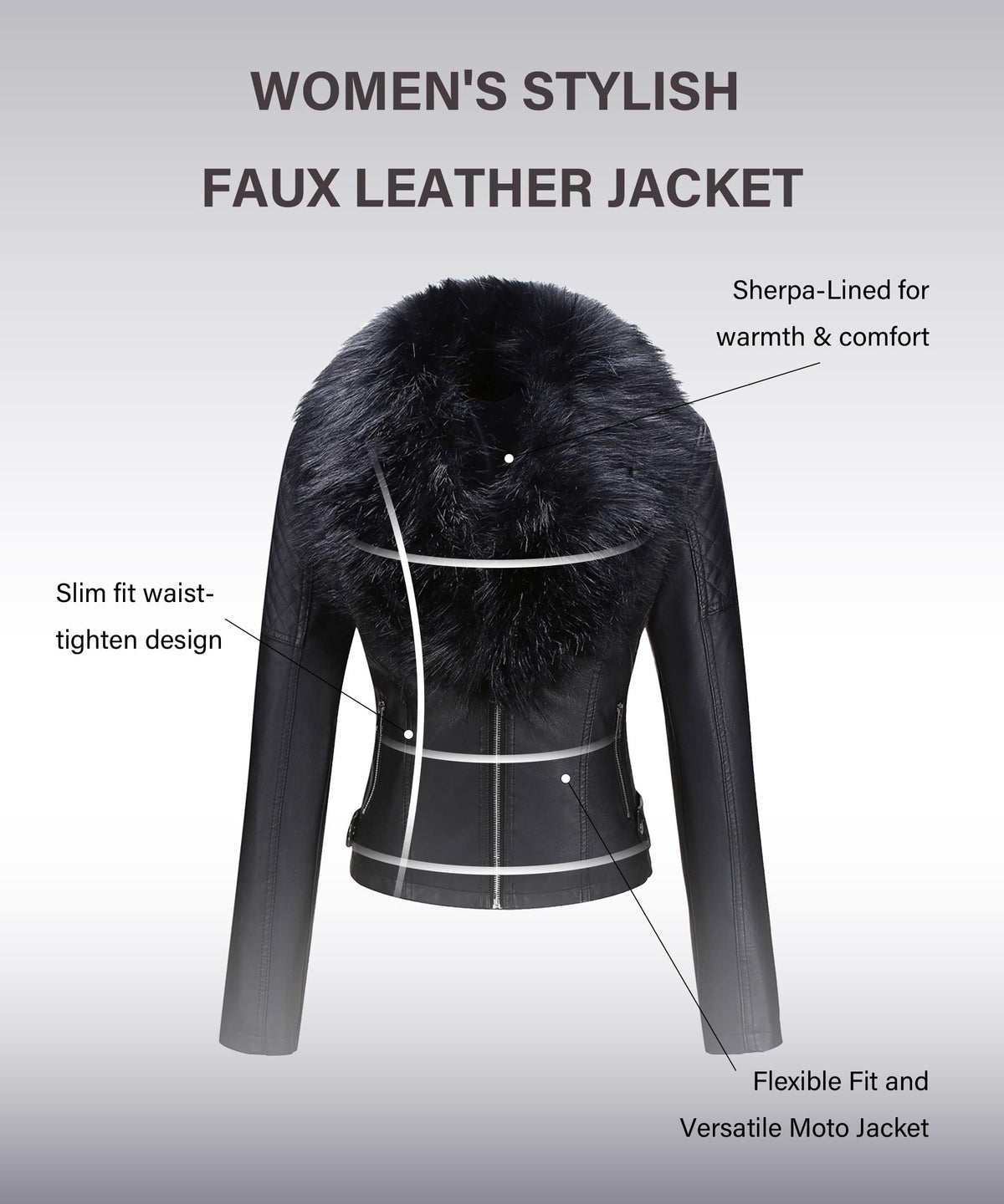 Bellivera Women's Faux Leather Short Jacket Moto Sherpa-Lined Coat with Removable Fur Collar 9201 Black XL