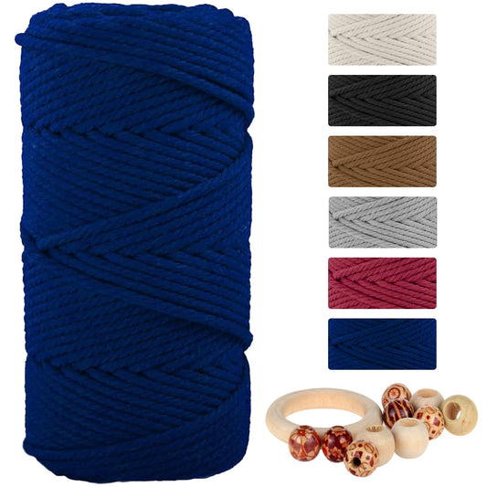 Natural Macrame Cord Cotton Rope with Wooden Beads & Rings, 6mm x109 Yards 4 Strand Twisted, Munzong Handmade Macrame Rope for Wall Hanging, DIY Craft, Knitting Plant Hanger(100m, Sapphire Blue)