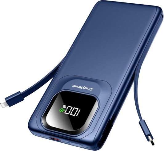 Crazywhale 22.5W 10000mAh Pack Portable Charger Power Bank with Built-in Type C Cables, Fast Charging Phone Charger