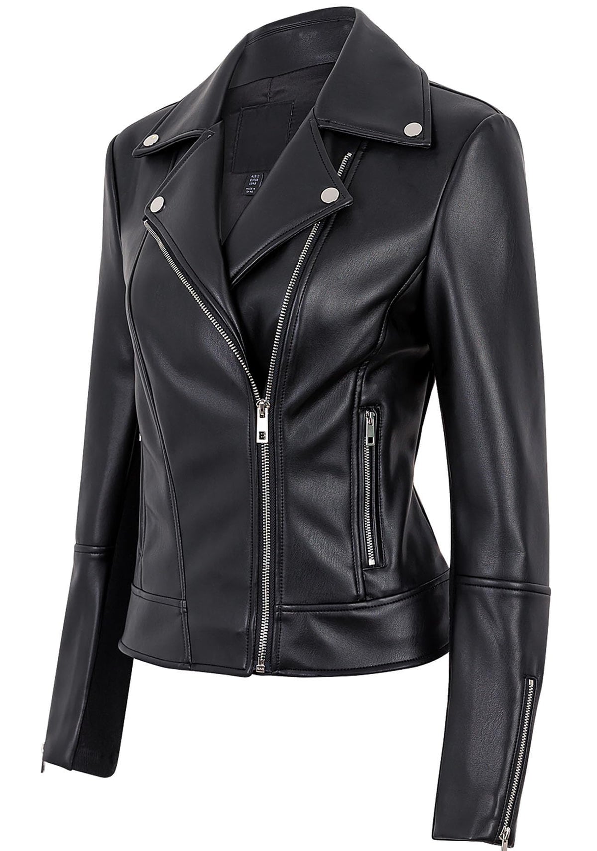 Women Leather Jacket, Buttery Soft Faux Leather Motorcycle Moto Biker Short Jacket, Stretchy Long Sleeves Asymmetrical Closure Zipper Rivets Pocket Classic Stylish Coat, Small, Black