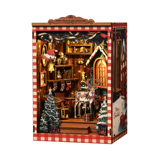 NEXTIPS DIY Mini Book Nook Kit, Snow Realm Wei Pavilion 3D Wooden Puzzle with LED Lights, Christmas Themed Bookshelf Decor, 161 Pcs Adult Craft Model for Home & Gift