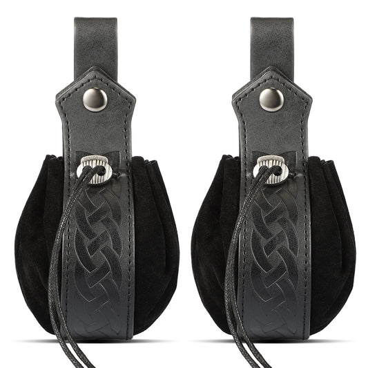 2 Pcs Medieval Faux Leather Pouch Portable Drawstring Purse Medieval Belt Pouch Vintage Renaissance Belt Pouch Dice Bag for Men Women Costume Accessories (Black)