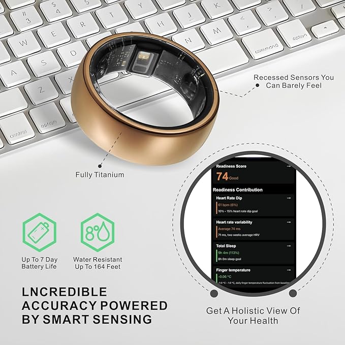 Smart Ring, Activity Trackers, Sleep Ring, Fitness Tracking, Stress Tracker, Heart Rate, Meditation, Temperature, Respiratory, No App Subscription, Women, Men, iOS, Android (Rosegold, 10)