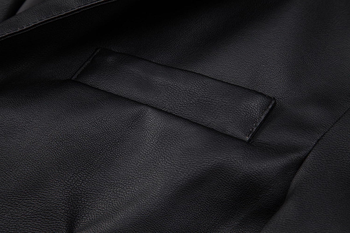 Womleys Men's Casual Notched Collar One Button Faux Leather Blazer Suit Jacket Sport Coats (Large, Black)