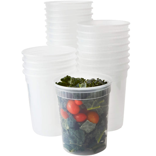 Deli-Grade BPA-Free 32oz Plastic Containers with Lids 24ct. Leakproof Microwavable Portion Container for To-Go Orders, Food Prep and Storage. Reusable Takeout Cups for Restaurant, Cafe and Catering.