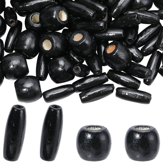 PONABEADIY 2 Styles 200PCS Natural Black Wooden Beads with Hole Oval Barrel Wood Handmade Dyed Macrame European Charms Loose Bead for Jewelry Making Bracelet Hair Braid Christmas DIY Crafts Supplies