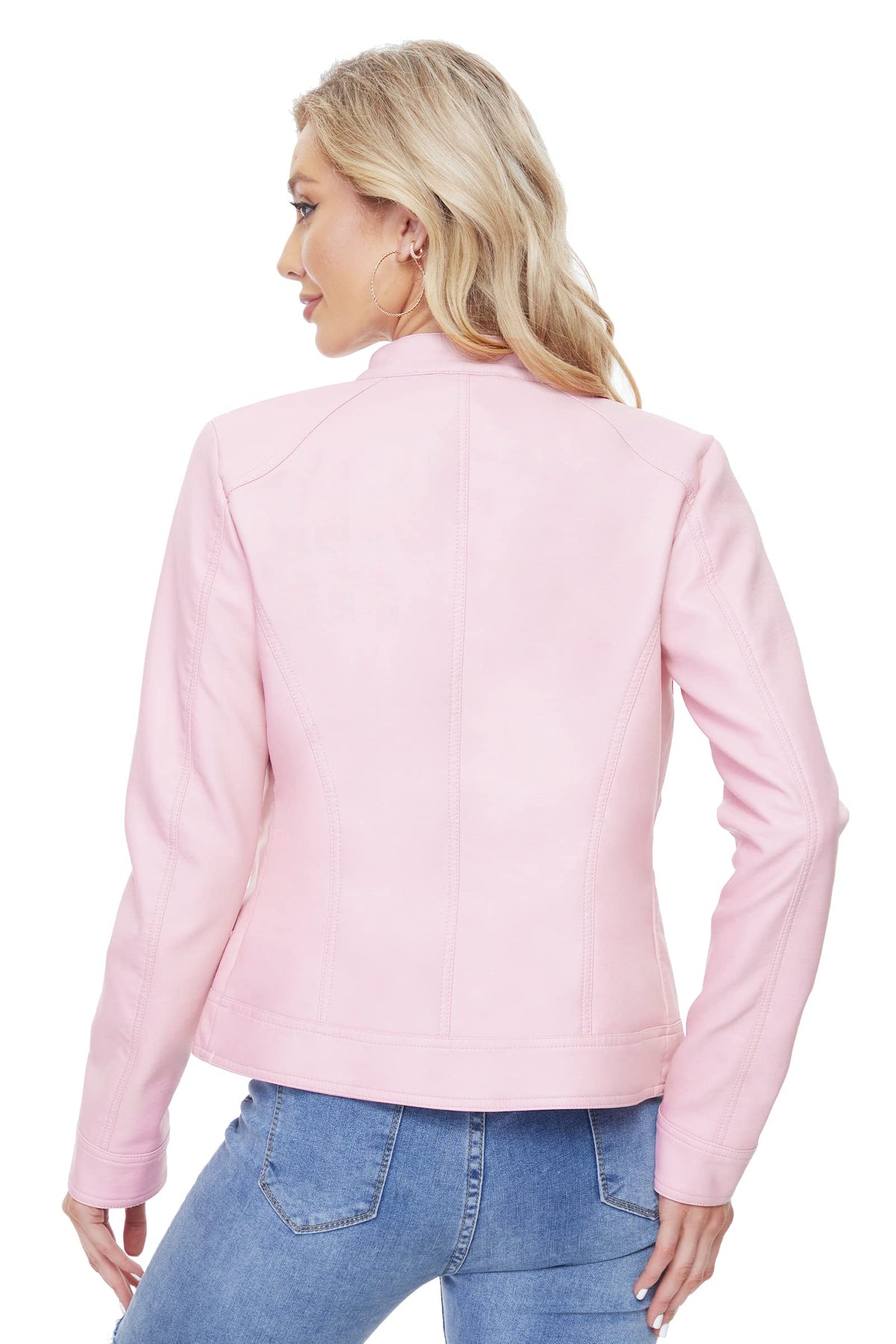 Fahsyee Women's Faux Leather Jackets, Zip Up Motorcycle Short PU Moto Biker Outwear Fitted Slim Coat Size S Pink