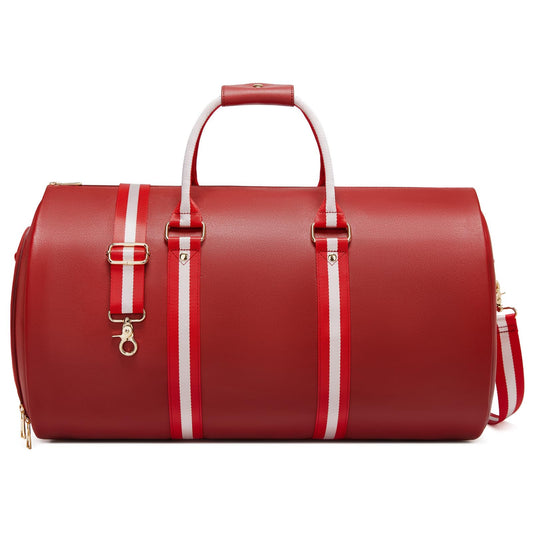 Leather Garment Bags for Travel, Convertible Carry on Garment Duffel Bag for Women, 2 in 1 Waterproof Foldable Travel Suit Bag with Shoulder Strap Weekender Bag with Shoe Pouch, Red
