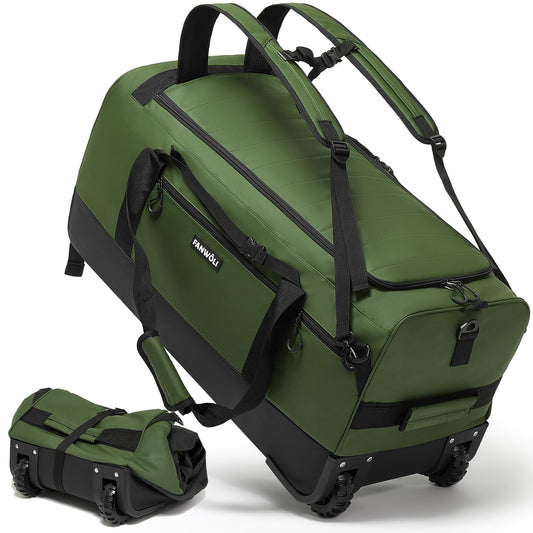 Fanwoli 100L Rolling Duffel Bag with Wheels, Durable Travel Duffel Backpack with Hidden Straps & Waist Support, Waterproof Foldable Luggage for Outdoor, Airport & Camping, Men/Women,Green