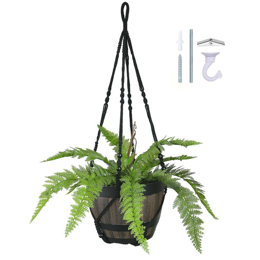 Bouqlife Large Macrame Plant Hanger Black 43 Inch Long for up to 12 Inch Pot No Tassel Cotton Rope Hanging Basket Plant Holder with Heavy Duty Ceiling Hooks
