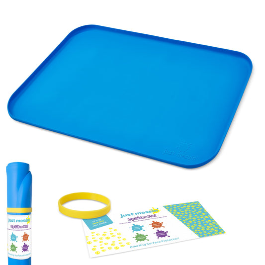 Just Messin’ Silicone Art Mat for Kids, Reusable Non-Slip Heat-Resistant Mat w Raised 0.6" Edges to Contain Mess & Protect Tables/Floors, Arts & Crafts, Resin, Legos, 12"x18", Blue