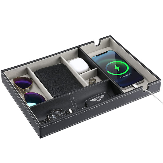 ProCase 1 Layer Valet Tray for Men, PU Leather Nightstand Organizer with Charging Slot for Bedside Table Desk Top -Black