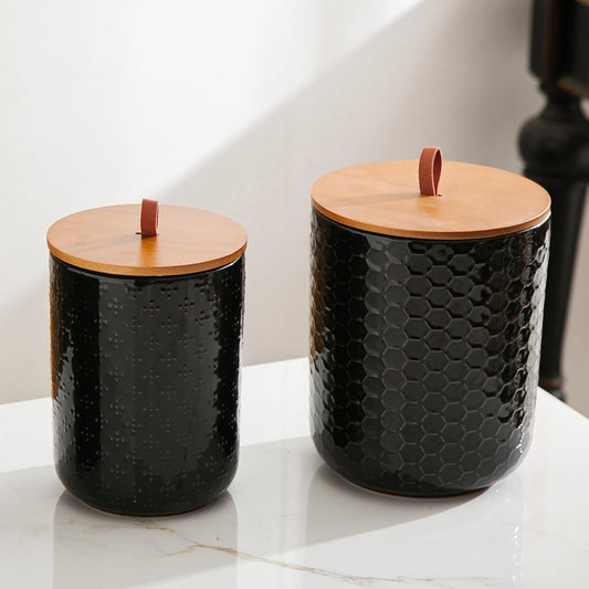 JOJUNO Black Ceramic Canister Set with Wooden Lids – 3-Piece Airtight Food Storage Jars for Kitchen, Embossed Design, Small/Medium/Large Sizes (30/48/82 oz) – Flour, Sugar, Coffee, Tea Containers