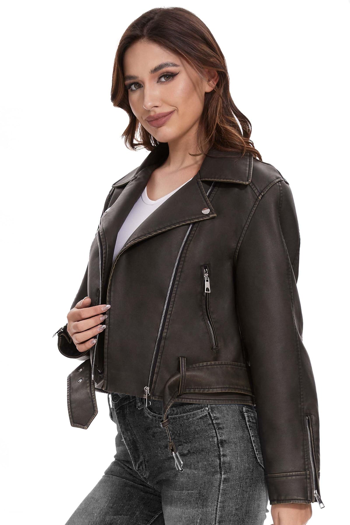 Fahsyee Leather Jacket for Women, Faux Motorcycle Belted Plus Size Moto Biker Coat Short Lightweight Vegan Pleather Fashion, Black, M