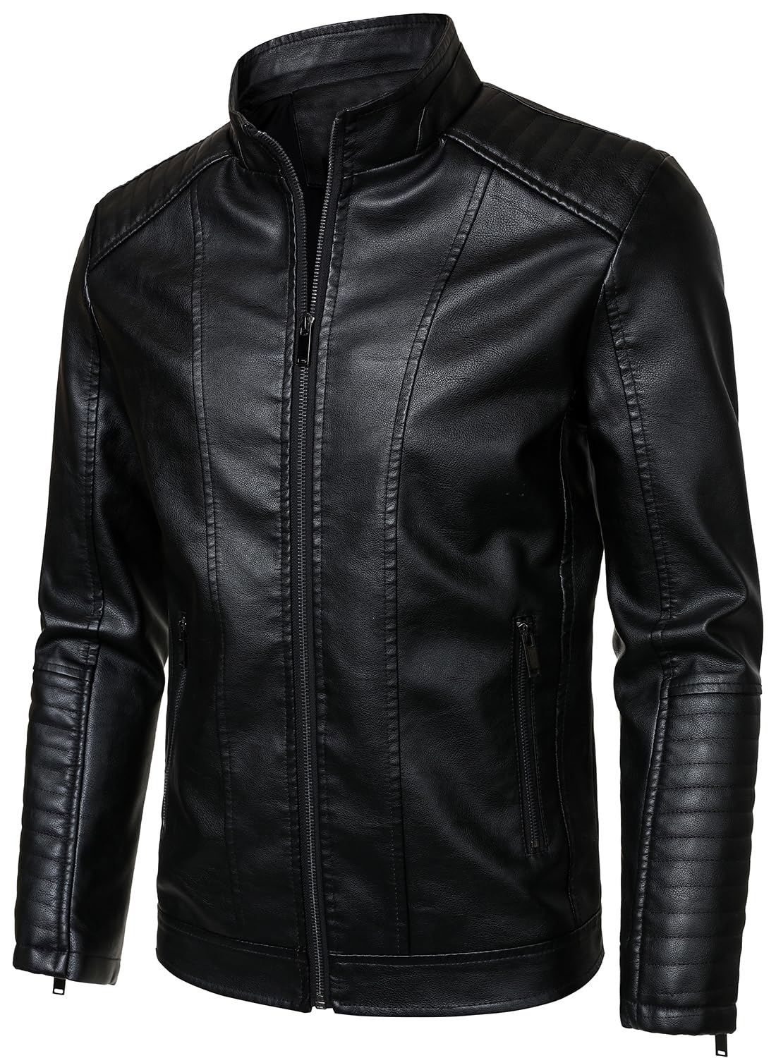 HOOD CREW Men’s Stand Collar Leather Jacket Motorcycle Jackets Faux Leather Biker Coats Lightweight Outwear Black L