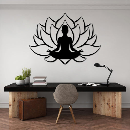 Veplsur Lotus Flower Decor, Metal Zen Wall Art, Yoga Zen Sign Decorative, Yoga Decor, Lotus Wall Hanging, Meditation Wall Art, Symmetry Art, Yoga Studio Decor, Home Decor (Black, 24"x17"|60x44cm)