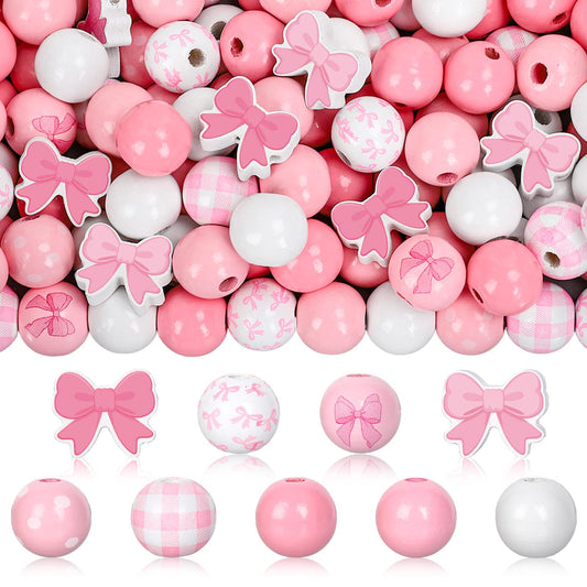 FYSUIMU 200 Pcs Pink Bow Wooden Beads Pink White Round Spot Plaid Craft Bead Cute Bowknot Shaped Wood Focal Beads for Mother's Day Valentine's Day DIY Bracelet Necklace Making Supplies