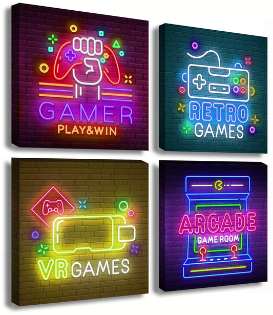 BLINFEIRU Game Room Decor Wall Art Video Gaming Pictures Canvas Prints 4 Piece Cool Pop Gaming Posters for Teen Room Boys Bedroom Framed Ready to Hang 12"x12"x4