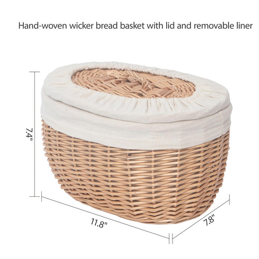 Wicker Bread Basket Serving with Lid & Removable Lining, Sourdough Proofing Basket,Eco-friendly Bread Storage basket Ideal for Picnics & Dining (Oval)