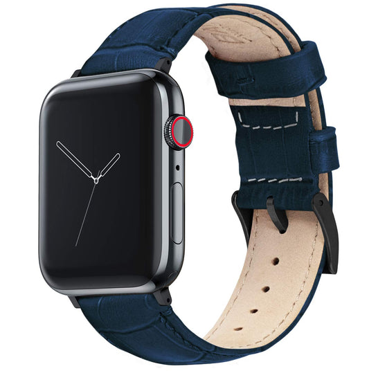 BARTON WATCH BANDS - Blue & Black Hardware Alligator Grain Leather Watch Bands Compatible with Apple Watch Models - 1, 2, 3, 4, 5, 6, 7, 8, 9, 10, SE, Ultra & Ultra 2 - (42mm/44mm/45mm/49mm)