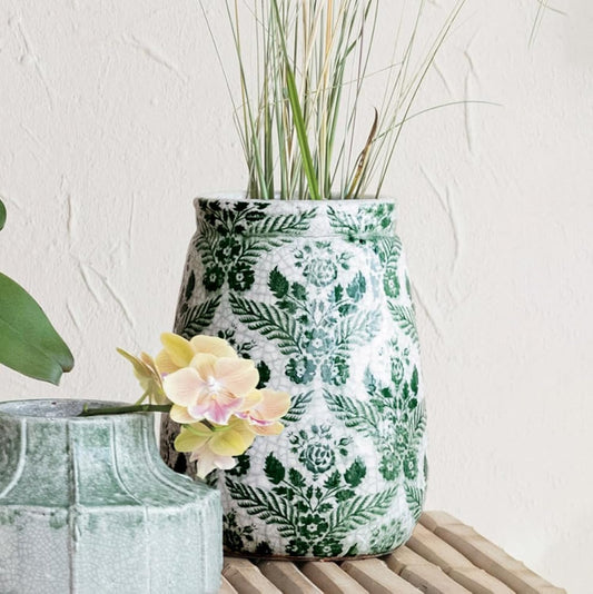 Creative Co-Op Terra-Cotta Planter Vase with Flower Pattern and Crackle Glaze, Green and White
