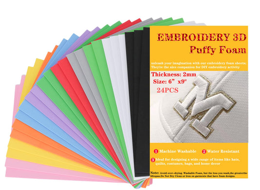 JIYUANCH 24 Pcs 2 mm 3D Embroidery Foam 6" x 9" Puffy Foam Assortment EVA Craft Sheets for Arts and Crafts Machine Embroidery, DIY Sewing Project for Hat, Cloth, Jacket, Pillows, Bags (Fresh Color)