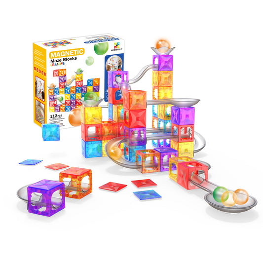 MIEBELY Magnetic Tiles, 112 PCS Magnetic Maze Building Blocks Toy for Kids with Glowing Ball, Magnet Marble Run Set, STEM Education Toddler Toy Building Block Gifts for Boys and Girls 3 4 5 6 7 8 9