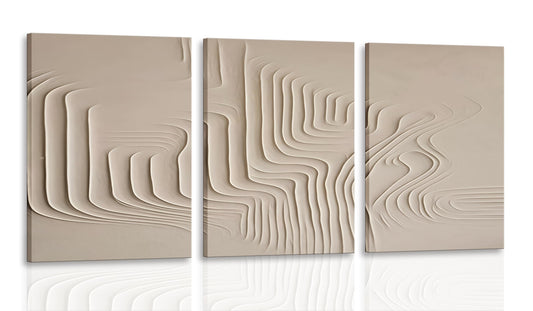 3Pcs Framed Beige Cream Abstract Textured Line Art Curved Canvas Wall Art Prints Posters Pictures Paintings Wall Decor for Minimalist Boho Living Room Bedroom Office Decoration
