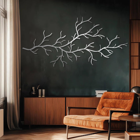 LARNT Metal Tree Branch Wall Art, Modern Nature Inspired Wall Decor, Tree Branch Wall Decor, Nature Sculpture, Nature Room Decor (Silver, 28"x59"|71x150cm)