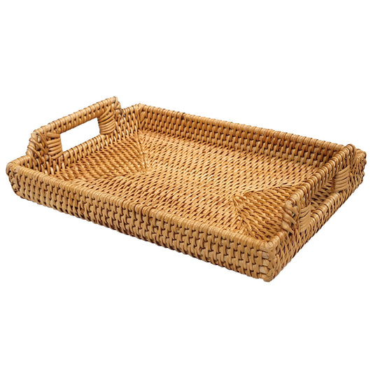 Rattan Serving Tray with Handles (11.4 x 16.9 x 2 in) – Handwoven Wicker Tray for Coffee Table, Breakfast, Ottoman & Home Decor, Natural Woven Tray