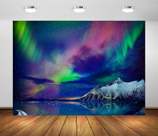 BELECO 5x3ft Fabric Gorgeous Northern Lights Backdrop Norway Aurora Borealis Alaska Snow-Capped Mountains and Sea View