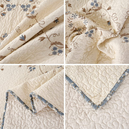 vctops 3-Piece Elegant Floral Embroidered Bedspread Coverlet Set Oversize Queen 100% Cotton Reversible Patchwork 1 Quilt and 2 Pillow Shams (Flower B,Oversize Queen)