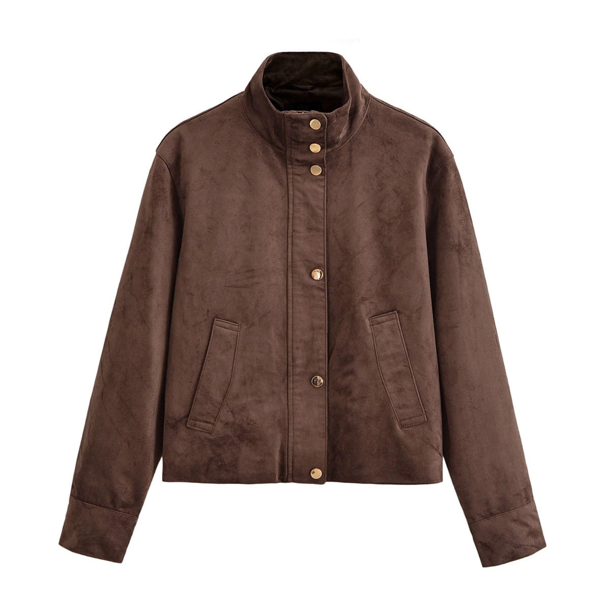 Xunger Women's Cropped Faux Suede Jacket Casual High Neck Utility Button Front Coat Streetwear Outerwear with Pockets(1090-Brown-M-RD)