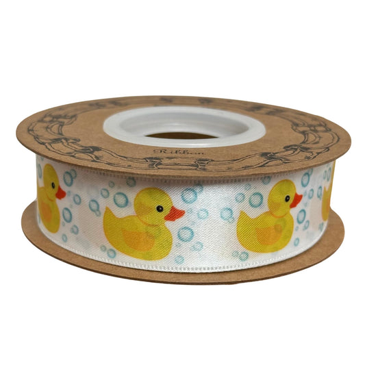 Rubber Duck Satin Craft Ribbon - 1" x 25 Yards, White Ribbon with Yellow Rubber Duckies, Christmas, Birthday, Baby Shower, Gift Bow, Diaper Cake, Hair Bows, Gender Reveal, Valentine's Day, Easter