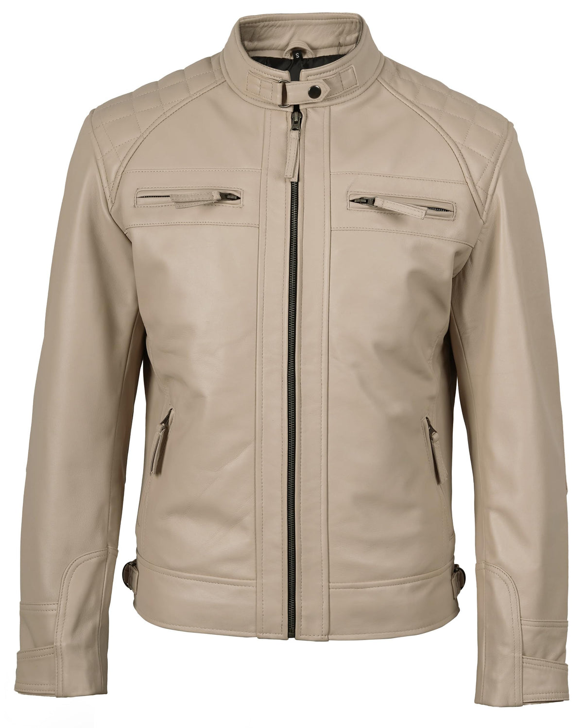 fjackets Real Lambskin Leather Jackets For Mens — Moto Quilted Cafe Racer Zip Up Moto Leather Jacket Men | [1124214] Johnson Beige, L