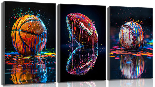 3Pcs Graffiti Sports Canvas Wall Art Boys Room Rustic Football Baseball American Football Rugby Wall Decor Pictures Colorful Modern Poster Prints for Nursery Playroom Living Bedroom Decoration
