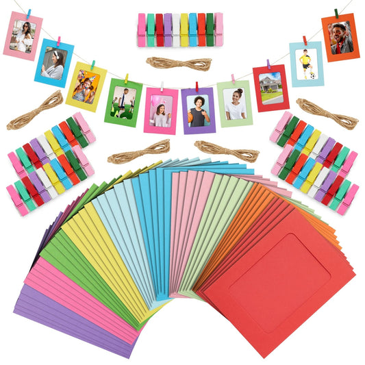 Juvale Paper Picture Frames - Hanging Photo Display - DIY Craft Projects & Craft Frames - Easy Install with Photo Hanging Clips String - 10 Colors, Pack of 50, Fits 4x6 Prints