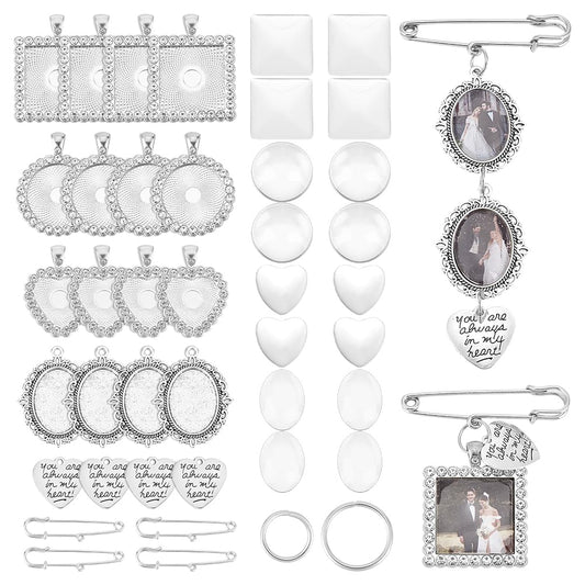 UNICRAFTALE 4 Sets 4 Styles Wedding Bouquet DIY Photo Charm Bouquet Memorial Bridal Charm Oval Round Pin Brooch Making Kit Heart Memorial Locket Cabochon Pendants for DIY Wedding Party Bridal Shower