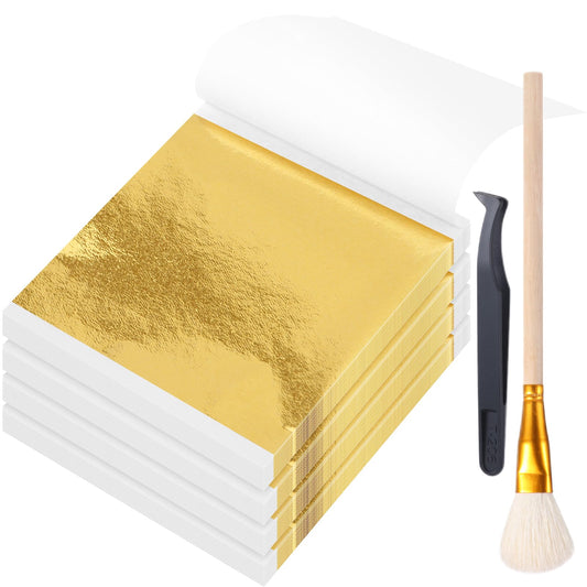 Maitys 400 Pcs Imitation Gold Leaf Sheet, for Art Silver Foil Sheet Set with Brush and Nipper for Painting Gilding Picture Frame Sculpture DIY Craft Decoration Furniture, 3.5 x 3.5 Inches(Golden)