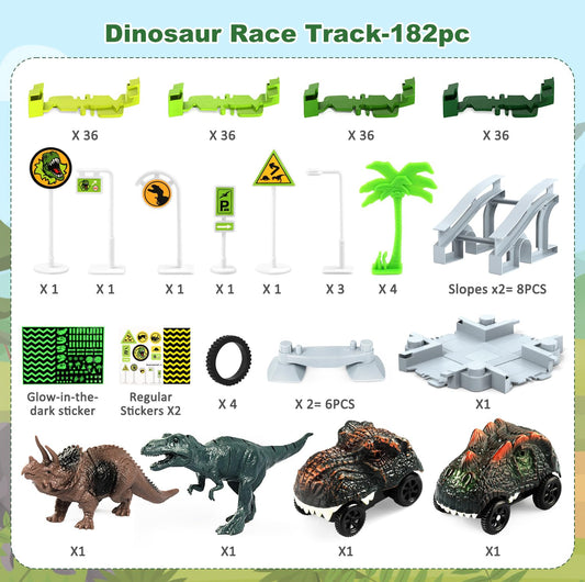 Dinosaur Toys for Kids 3-5, Glow in The Dark Flexible Train Track Playset, 2 Dinosaur Car for 3 4 5 6 7 Year & Up Old Boys & Girls Best Gift