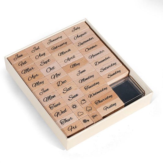 CraftyManor 44PCS Mini Wooden Stamp Set, Vintage Month Week Weather Rubber Stamps with Black Ink Pad for Crafting, Scrapbooking, Journaling, CardMaking