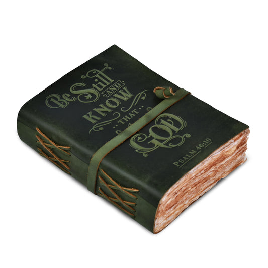 LEATHER VILLAGE Vintage Leather Journal with Psalm 46:10 Bible Verse Embossed Christian Prayer Journal for Women & Men – 200 Pages Handmade Cotton Deckle Edge Watercolor Paper - Green - 8X6 inches