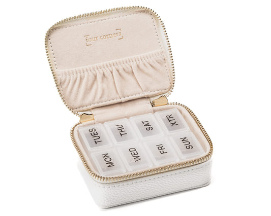 Weekly Pill Organizer 7 Day – Travel Pill Case for Vitamins & Medication, Premium Vegan Leather Pill Box with Removable Daily Compartments, Portable Supplement Organizer with Secure Zipper (White)