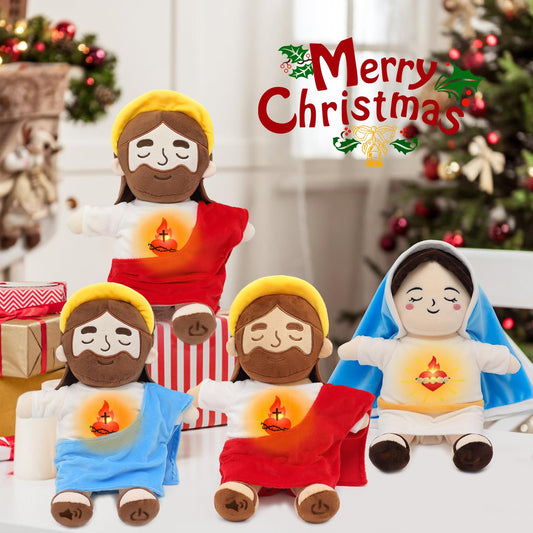 Yelakey Soothing Jesus Plush Toys with Light & Sound, 15" Jesus Stuffed Breathing Plushy Doll, Christian Catholic Religious Plushie Christmas Easter Gifts for Kids Baby (Blue)