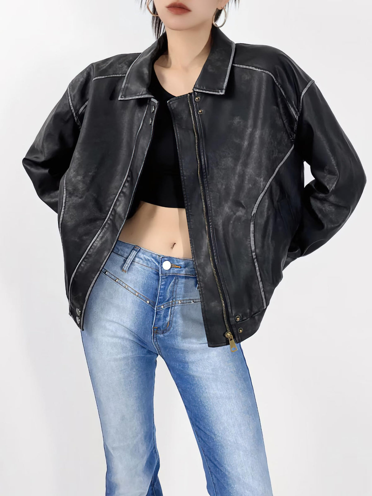 chouyatou Women's Fall Distressed Faux Leather Bomber Jacket Motorcycle Oversized Leather Jacket (Small, Black)