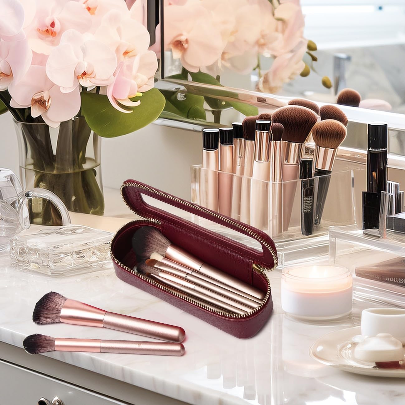 Pinkmik Travel Clear Makeup Bag with Brush Bag Portable Cosmetic Bag Case Transparent Toiletry Bag Cosmetic Organizer Storage Bag for Women (X/Burgundy, L+SLIM)
