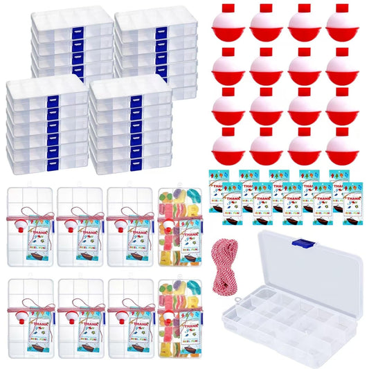 Cherizia 73Pcs Fishing Party Favors Candy Little Tackle Boxes 24 Sets with Red White Floater Thank You Cards for Making My Reel Fun Fishing Gone Theme Party Decorations (24)