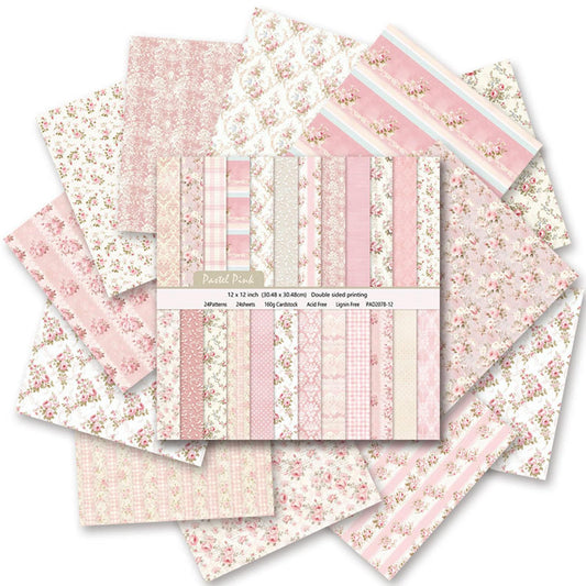 Floral Scrapbook Paper, Vintage Floral Garden Craft Sheets, 24 Pages/24 Unique Designs Double-Sided Origami Art Supplies, Pink Scrapbook Materials for DIY Cards, Journals, Album Decor, 12"x12" Inch