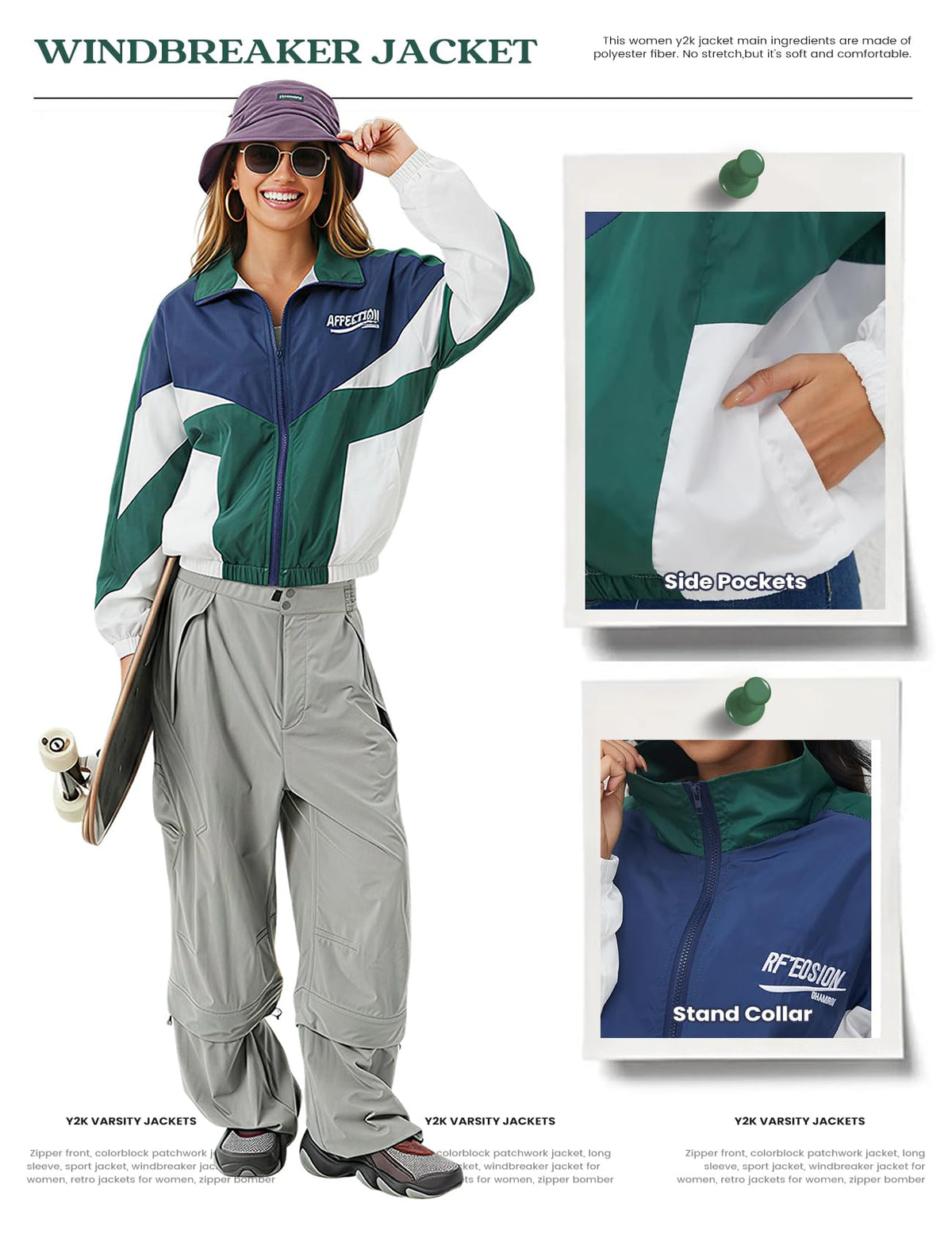 Wyeysyt Women Windbreaker Jacket Y2k Varsity Oversized Jacket(Green-L)